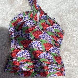 Y2K Adam Lippes 100% Silk Colorful Halter Top with Fan Print